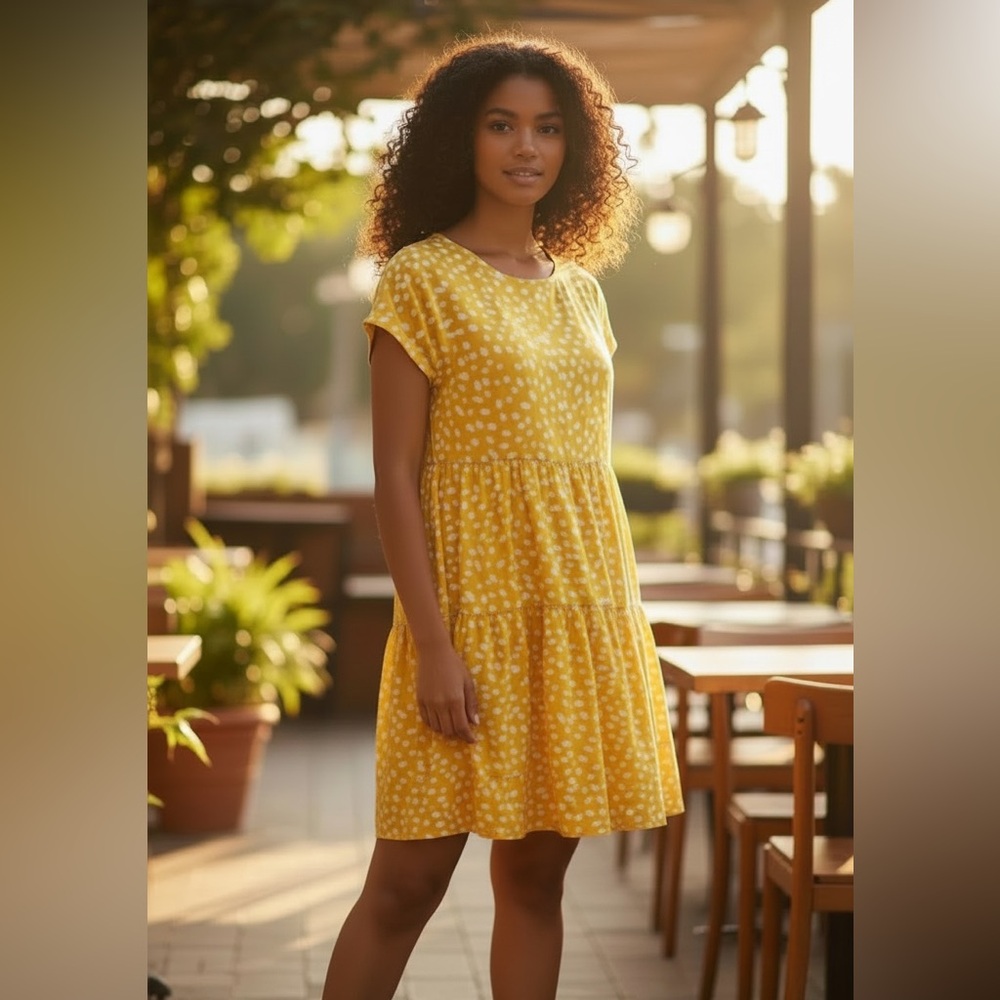 Ecowish Yellow Tiered Midi Dress Polka Dot Short Sleeve NWT Size L‎